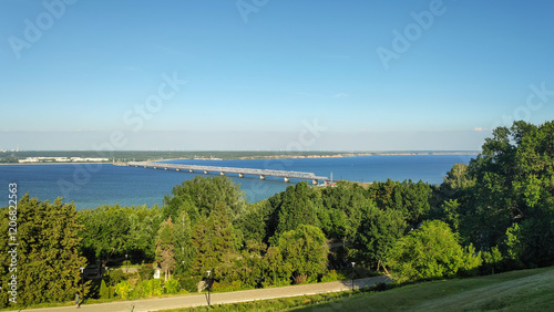 Ulyanovsk, Russia. Friendship of Peoples Park. Volga River, Imperial Bridge, Kuibyshev Reservoir. Summer evening photo