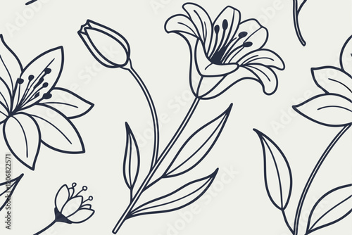 minimalist line art daisies, tulips, and lilies flowers in a monochromatic palette.