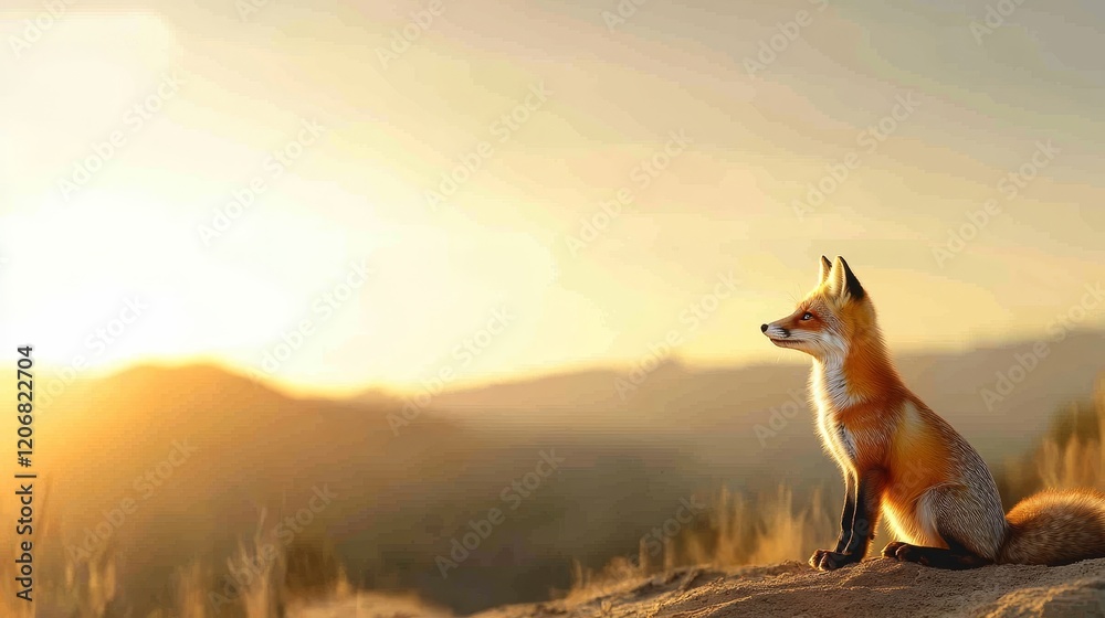 Majestic Red Fox Sitting on a Hilltop at Sunrise, Bathed in Soft Golden Light with a Scenic Background of Mountains and Prairie Grass Majestic Red Fox Sitting on a Hilltop at Sunrise, Bathed in Soft Golden Light with a Scenic Background of Mountains and Prairie Grass