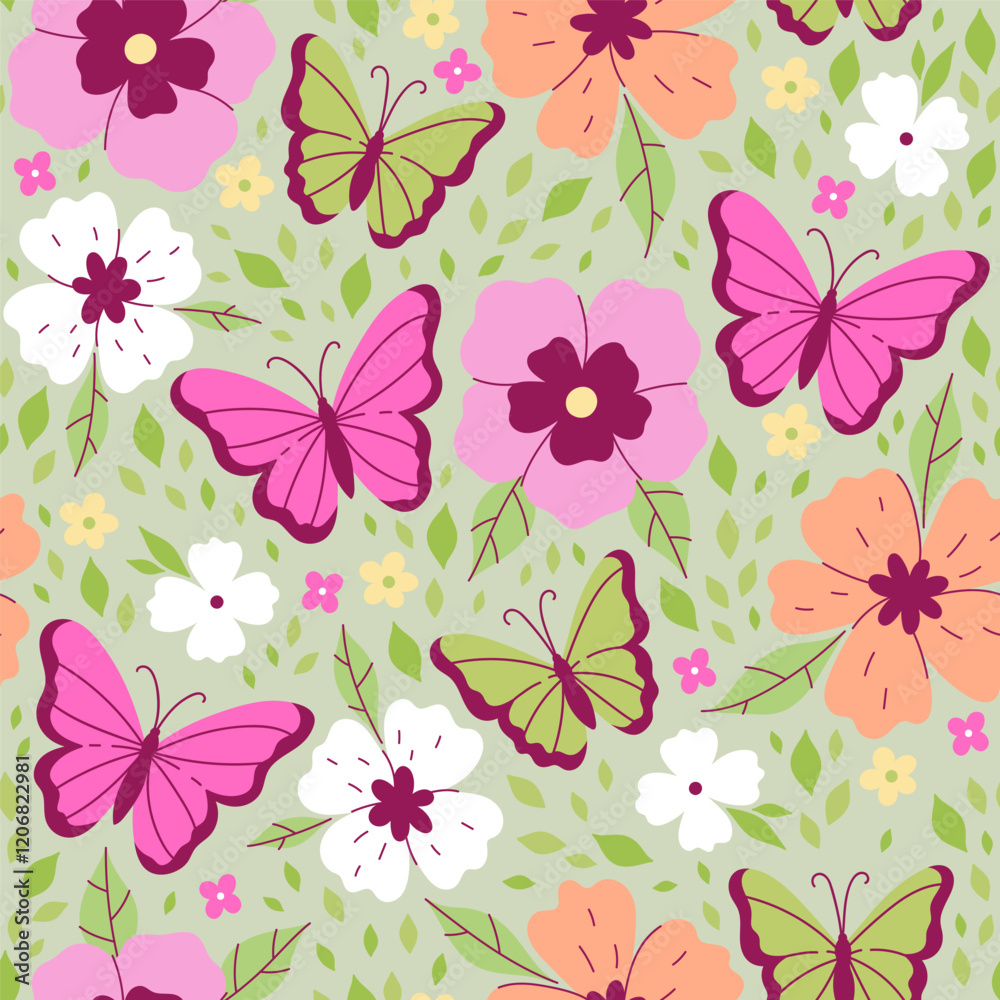 Seamless pattern with spring flowers and butterflies in pastel colors. Vector graphics. Seamless pattern with spring flowers and butterflies in pastel colors. Vector graphics.
