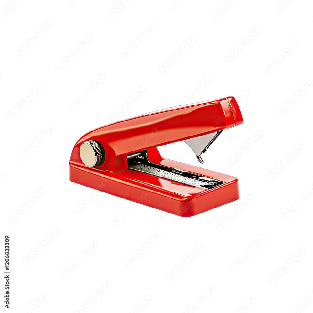Classic stapler with a glossy finish, resting on a transparent background. minimalist backdrop, showcasing its bold design. Classic stapler with a glossy finish, resting on a transparent background. minimalist backdrop, showcasing its bold design.
