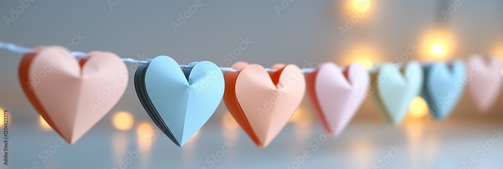 Colorful Handmade Paper Heart Garland Hanging on String Against Blue Background. Festive Valentine's Day, Birthday, wedding, anniversary, or Craft Decoration. party concept banner with copy space. Colorful Handmade Paper Heart Garland Hanging on String Against Blue Background. Festive Valentine's Day, Birthday, wedding, anniversary, or Craft Decoration. party concept banner with copy space.