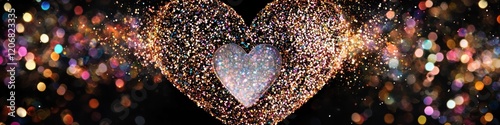 Glitter dust explosion forming heart frame, black background, clear center