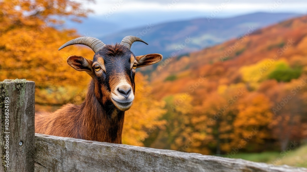 Goat peeking over a wooden fence in autumn landscape Goat peeking over a wooden fence in autumn landscape