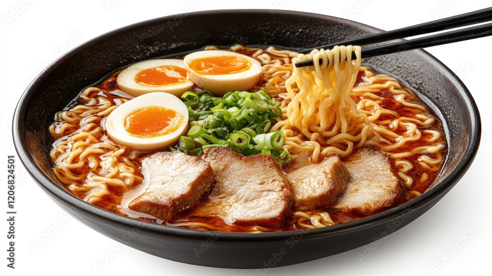 Delicious bowl of ramen with soft-boiled eggs and pork slices Delicious bowl of ramen with soft-boiled eggs and pork slices