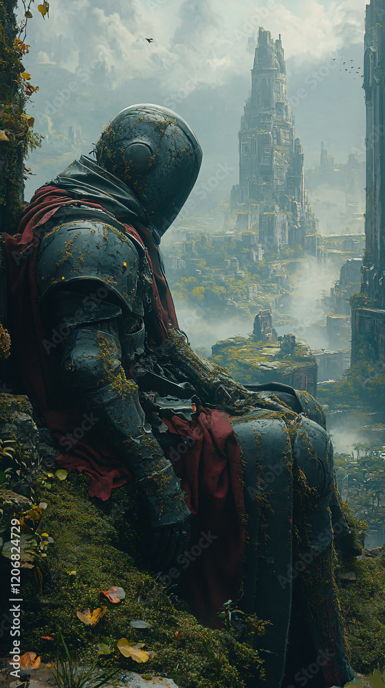 Fototapeta premium Stunning concept art lone armored warrior resting overgrown ruin detailed oil painting mystery solitude vibrant green soldier human antique wild sword ai decay nature fantasy clipart wallpaper game