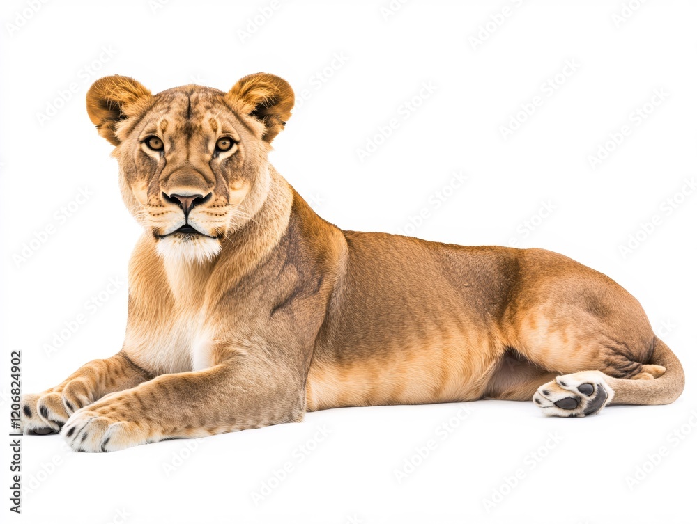 Obraz premium Majestic Lioness Resting Gracefully on White Background Wildlife Photography