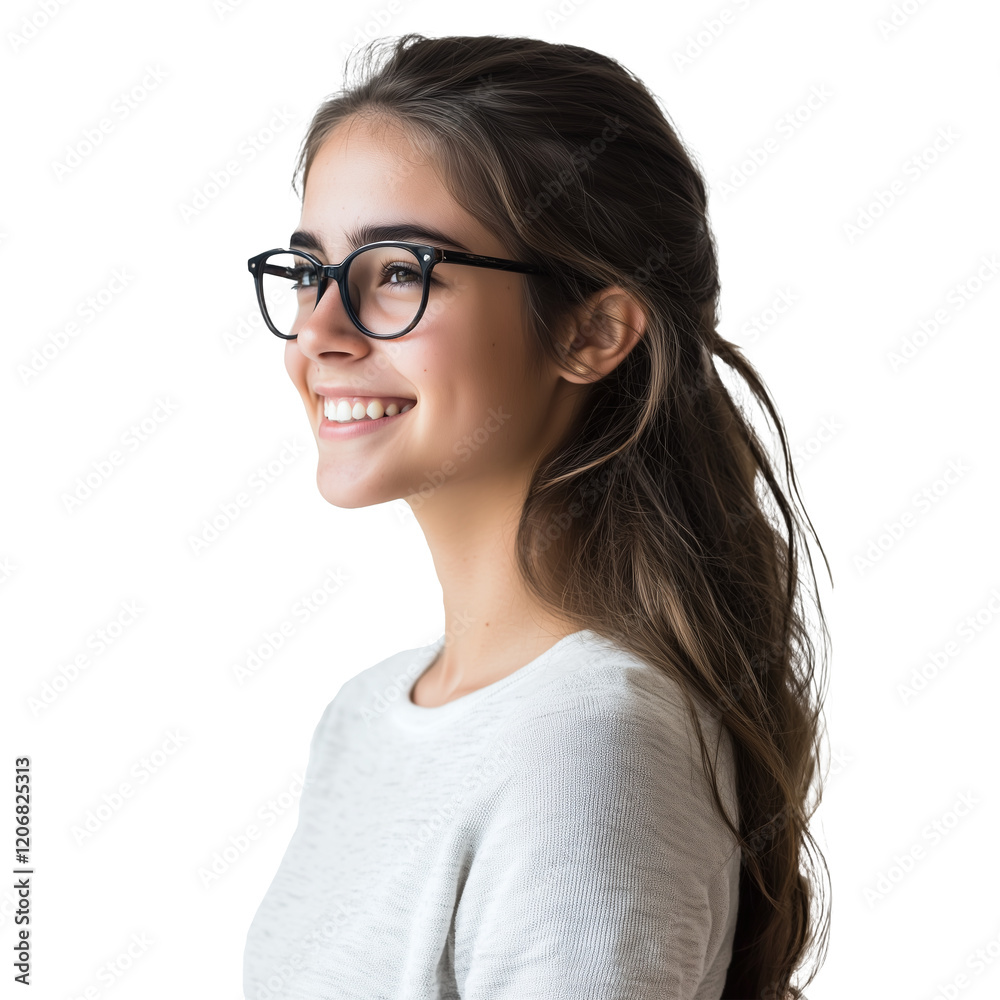 Side profile of a young, beautiful teen girl student with long brown hair wearing glasses smiling isolated on a transparent background, cut out, ultra-realistic photography Side profile of a young, beautiful teen girl student with long brown hair wearing glasses smiling isolated on a transparent background, cut out, ultra-realistic photography
