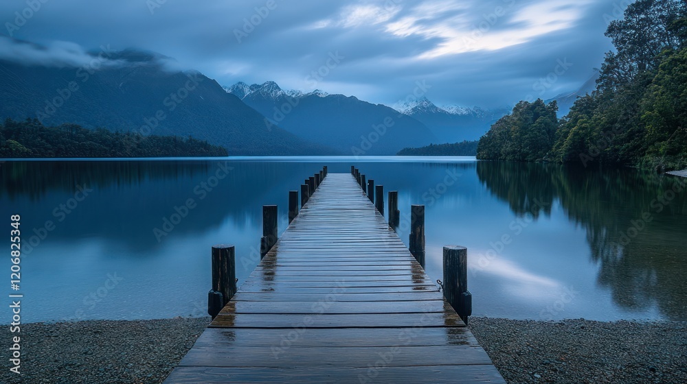 Obraz premium Lake pier dawn, mountain reflection, tranquil scene, travel
