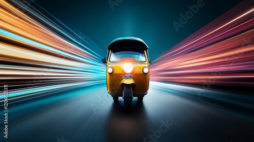 Dynamic and Vibrant Scene of a Tuk Tuk Racing Through Futuristic City Lights with Motion Blur and Colorful Streaks Conveying Speed and Excitement