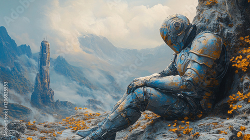 Concept art oil painting lone armored knight resting ethereal landscape vibrant color depicting medieval futuristic element style oil painting wallpaper dome red flower field fog cloud explore