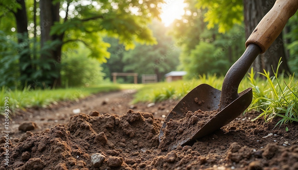 Fototapeta premium Garden shovel digging into soil with sunlight shining through trees in tranquil outdoor setting
