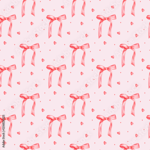 Coquette seamless pattern Red ribbon bow watercolor
