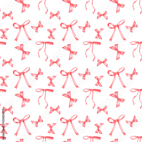Coquette seamless pattern Red ribbon bow watercolor