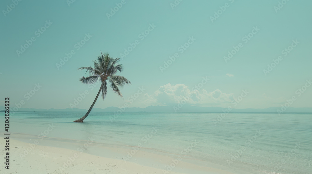 Fototapeta premium serene beach scene featuring lone palm tree by turquoise water, evoking sense of tranquility and relaxation