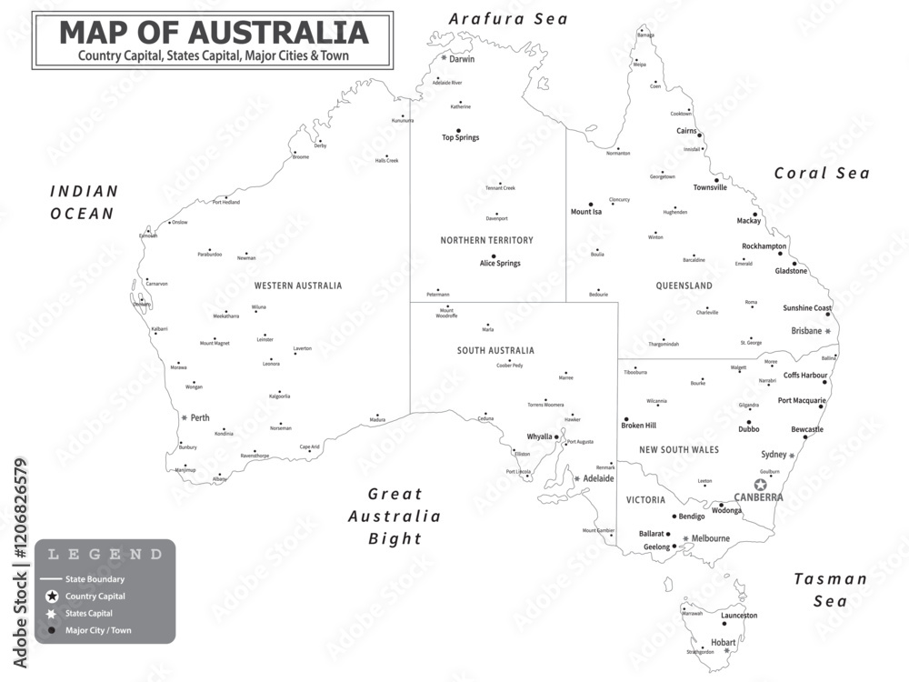 Obraz premium Australian Countries Geography Political map. Political map of country with capital, province or state capital, major cities and town.