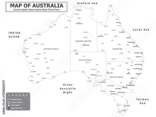 Australian Countries Geography Political map. Political map of country with capital, province or state capital, major cities and town.