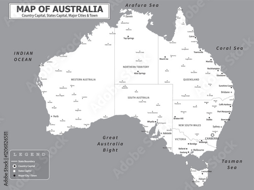 Australian Countries Geography Political map. Political map of country with capital, province or state capital, major cities and town.