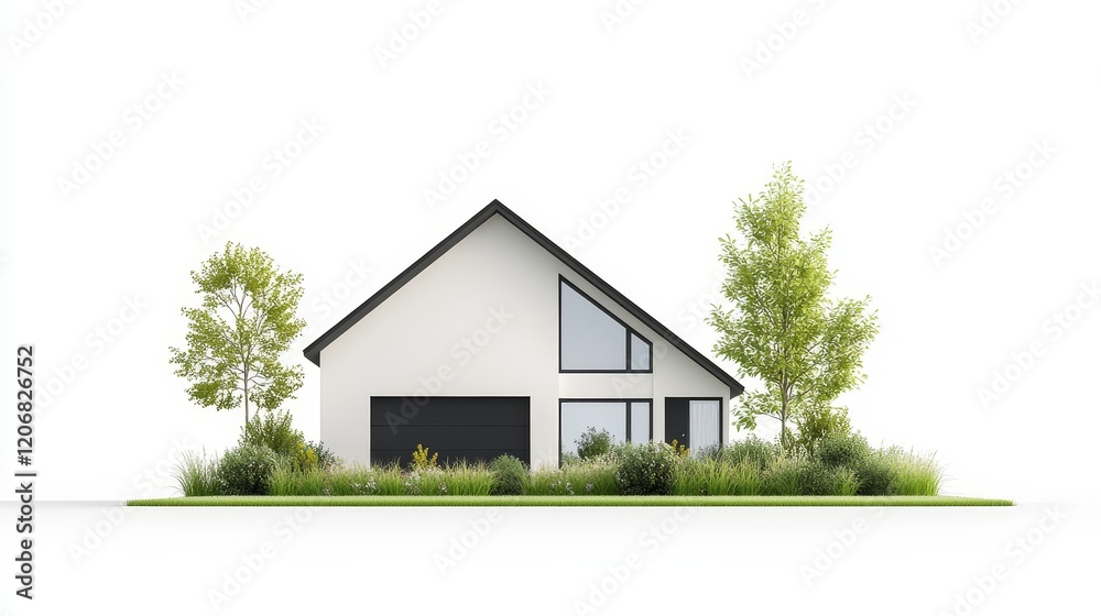 Modern minimalist house surrounded by lush greenery, showcasing contemporary architecture with large windows and a striking roof design, perfect for design inspiration and real estate photography Modern minimalist house surrounded by lush greenery, showcasing contemporary architecture with large windows and a striking roof design, perfect for design inspiration and real estate photography