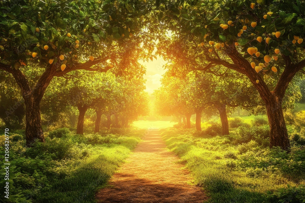 Naklejka premium Sunlit path through a citrus grove.