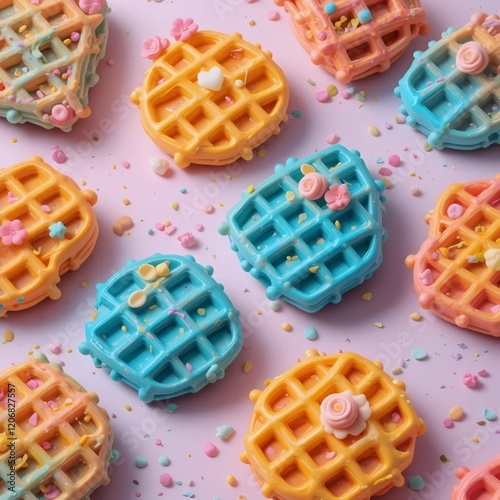 Claymorphism 3D Waffles Illustration With a Vibrant Shiny Style Using Bright Pastel Colors On The Background photo