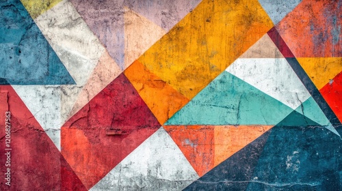 Urban wall with geometric design in vibrant colors and four crumpled poster templates. A creative background for modern design or urban advertising mockups.