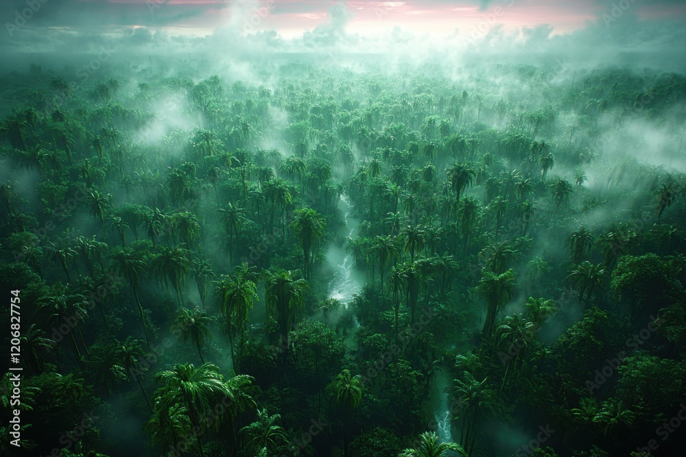 Obraz premium Serene Dusk: Lush Green Forest Canopy and Pink Sky with Waves on Shore