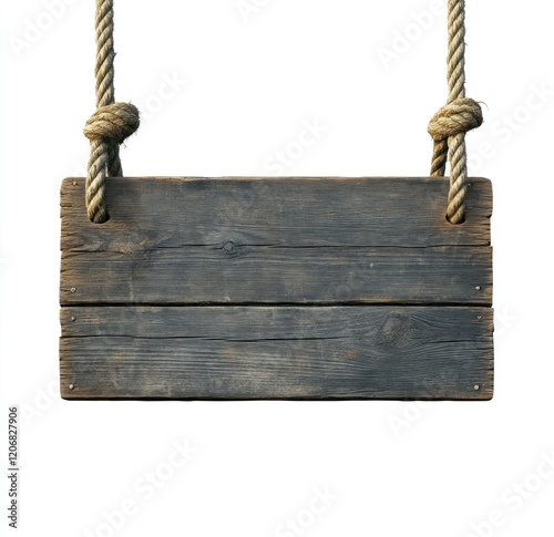 Rustic wooden sign hanging on ropes.
