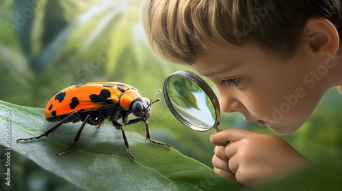 Child observing colorful insect on leaf in lush green nature macro photography educational exploration photo