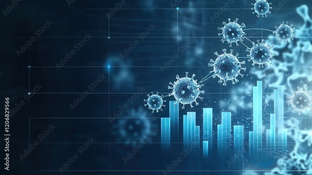 Obraz premium A digital representation of virus structures overlaid on a data graph, symbolizing the intersection of health and technology.