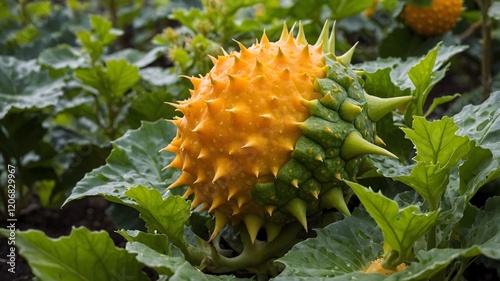 Kiwanis Melon Plant: Spiky Fruit Surrounded by Lush Green Foliage and Vibrant Growth photo