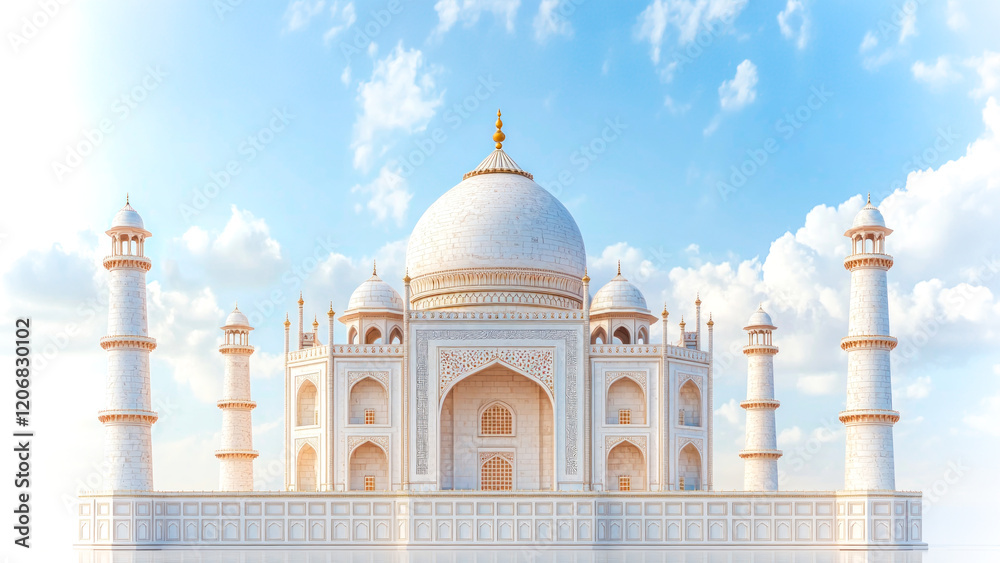 Fototapeta premium Taj Mahal bathed in soft daylight, showcasing its iconic white marble domes and minarets, set against serene blue sky with scattered clouds. Concept of tourism, travel, and Indian historical beauty