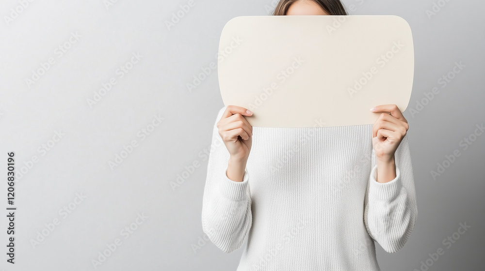 Blank Slate: A young woman in a white sweater holds a blank, oval-shaped sign, her face obscured, creating an intriguing and mysterious visual. Use this image for advertising, marketing. Blank Slate: A young woman in a white sweater holds a blank, oval-shaped sign, her face obscured, creating an intriguing and mysterious visual. Use this image for advertising, marketing.