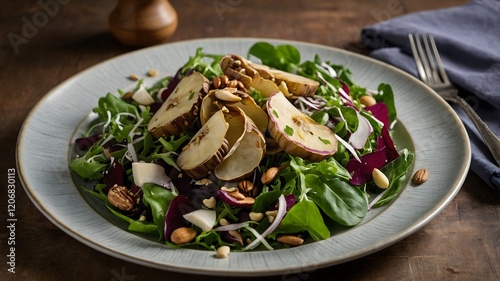 Sunchoke Salad: Raw Jerusalem Artichoke Slices, Mixed Greens, Nuts, and Tangy Vinaigrette