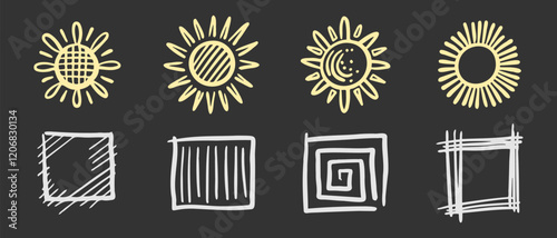 Collection of doodles of suns and rectangular boxes on a black background