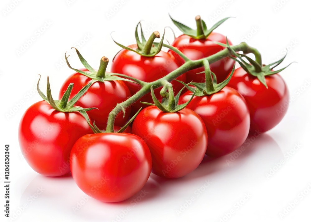 Juicy ripe cherry tomatoes on the vine, isolated on white. Perfect for fresh produce stock photos. Juicy ripe cherry tomatoes on the vine, isolated on white. Perfect for fresh produce stock photos.