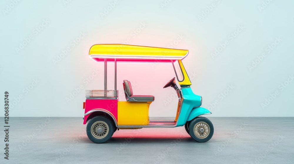 Fototapeta premium Colorful and Modern Tuk-Tuk Vehicle with Neon Accents in a Minimalist Studio Setting for Unique Travel and Transportation Concepts