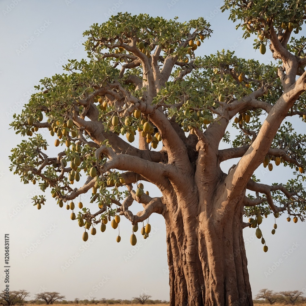 A baobab tree with hanging, oval-shaped fruits, isolated on a plain white background.