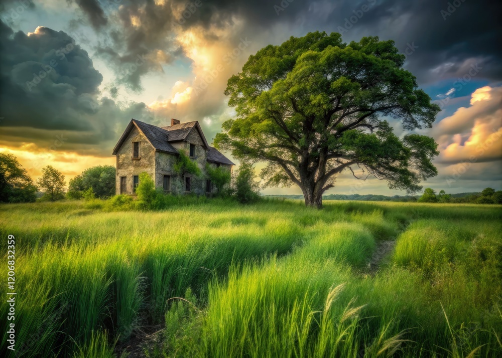 Obraz premium Nature reclaims abandoned buildings; green oak trees sprout amidst decaying walls, a photographer's urban exploration dream.