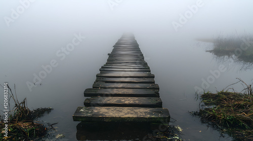 a long wooden path stretches out into the distance, disappearing into a thick layer of fog. The path seems to lead to an unknown destination, creating a sense of mystery and intrigue. photo