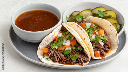 Barbacoa tacos served with consomme and pickled vegetables