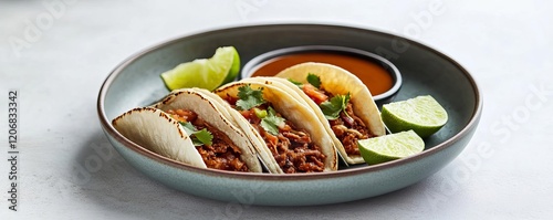 Barbacoa tacos with a side of consomme and lime wedges