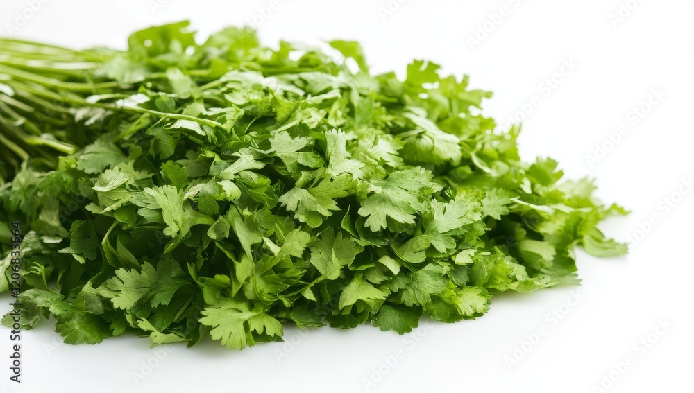 Fresh cilantro bunch, vibrant green herb leaves, isolated on white background. Fresh cilantro bunch, vibrant green herb leaves, isolated on white background.
