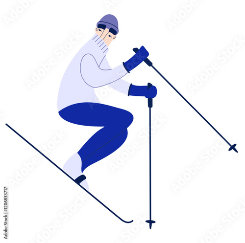Vector male skier in blue sweater. Winter illustration for resort and ski tourism. Sport. Clipart.