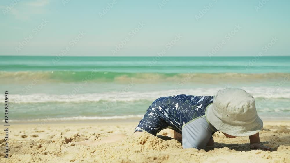 Cheerful toddler wearing sun hat and swimsuit playing with sand, building castles and enjoying sunny beach day with carefree spirit and infectious joy Cheerful toddler wearing sun hat and swimsuit playing with sand, building castles and enjoying sunny beach day with carefree spirit and infectious joy