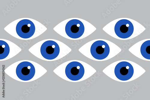 Simple eyes of blue color seamless pattern.Bauhaus eye. Minimal geometric design of the 20s. Abstract vector template with elements of primitive forms. 