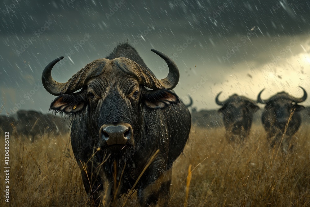 A majestic buffalo stands in the foreground during a rainstorm, surrounded by its herd. The dramatic weather enhances the serene beauty of wildlife. A majestic buffalo stands in the foreground during a rainstorm, surrounded by its herd. The dramatic weather enhances the serene beauty of wildlife.