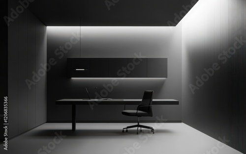 A black modern office interior with sleek furniture, including a minimalist desk, ergonomic chair, and wall-mounted cabinets. 