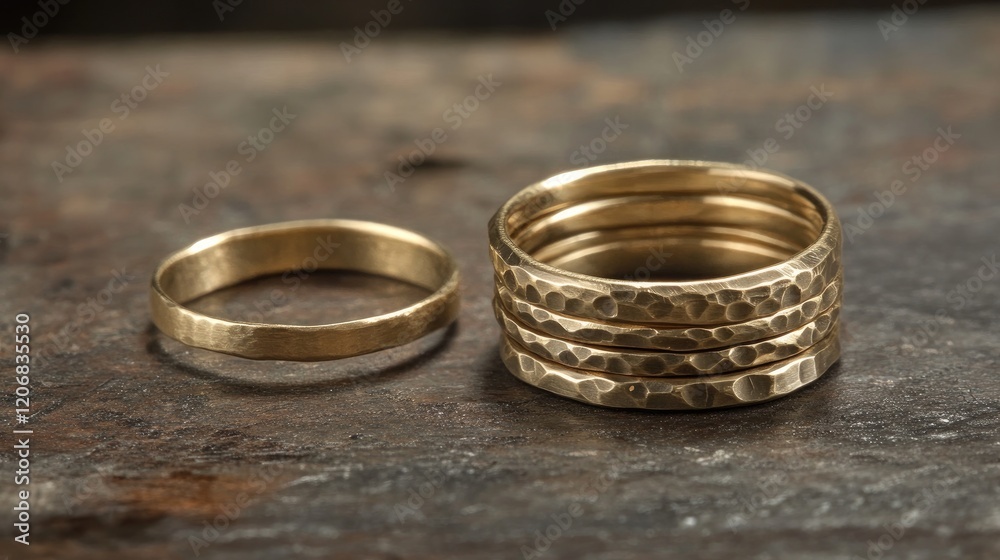 A hammered gold ring placed next to a stack of matching bands. A hammered gold ring placed next to a stack of matching bands.