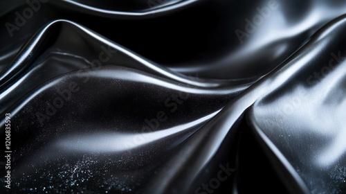 A close-up view of dark, luxurious, silky fabric, exhibiting smooth, reflective folds and subtle highlights, creating an elegant and flowing abstract pattern.